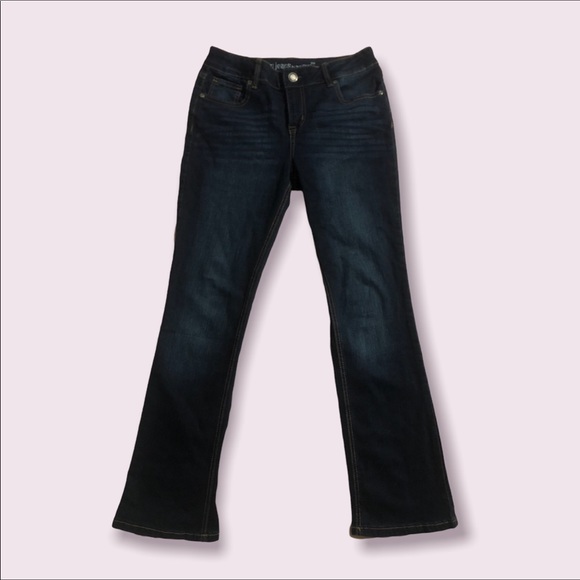 dark wash mid rise stretchy so fun skinny flare jeans by maurice’s size 6 petite - Picture 1 of 3